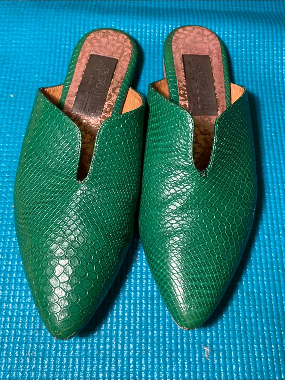Green Leather Faux-Snakeskin Pointed Slip-On Mules for Women